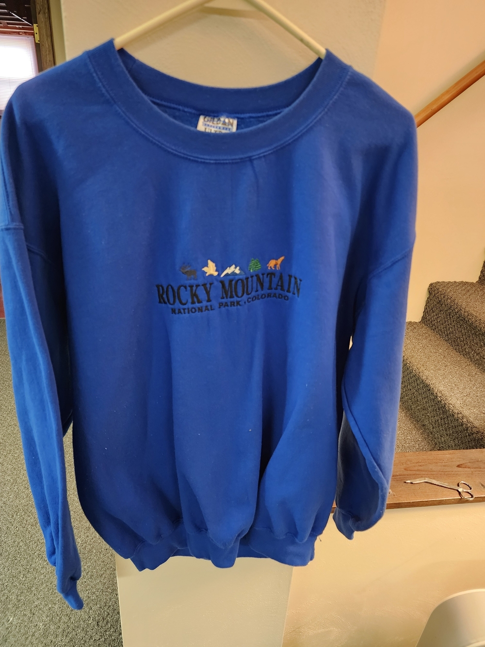 Gildan Blue Crewneck Sweatshirt Rocky Moutains Sz L 90's